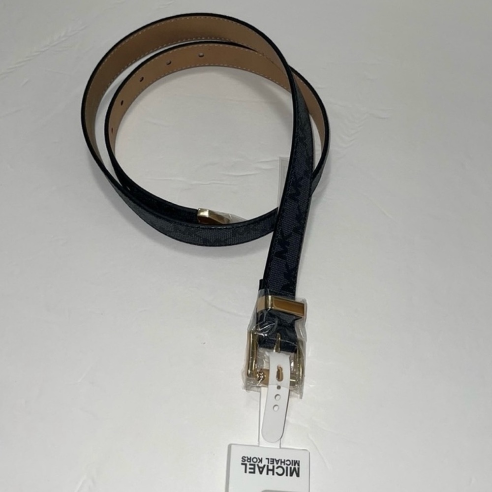 Michael Kors Women’s Gold-tone square buckle MK logo printed Belt. NWT Sz Small - Picture 11 of 14